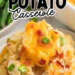 Twice baked mashed potato casserole on a white plate.
