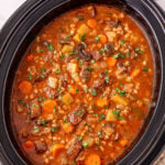Beef barley soup in crockpot.