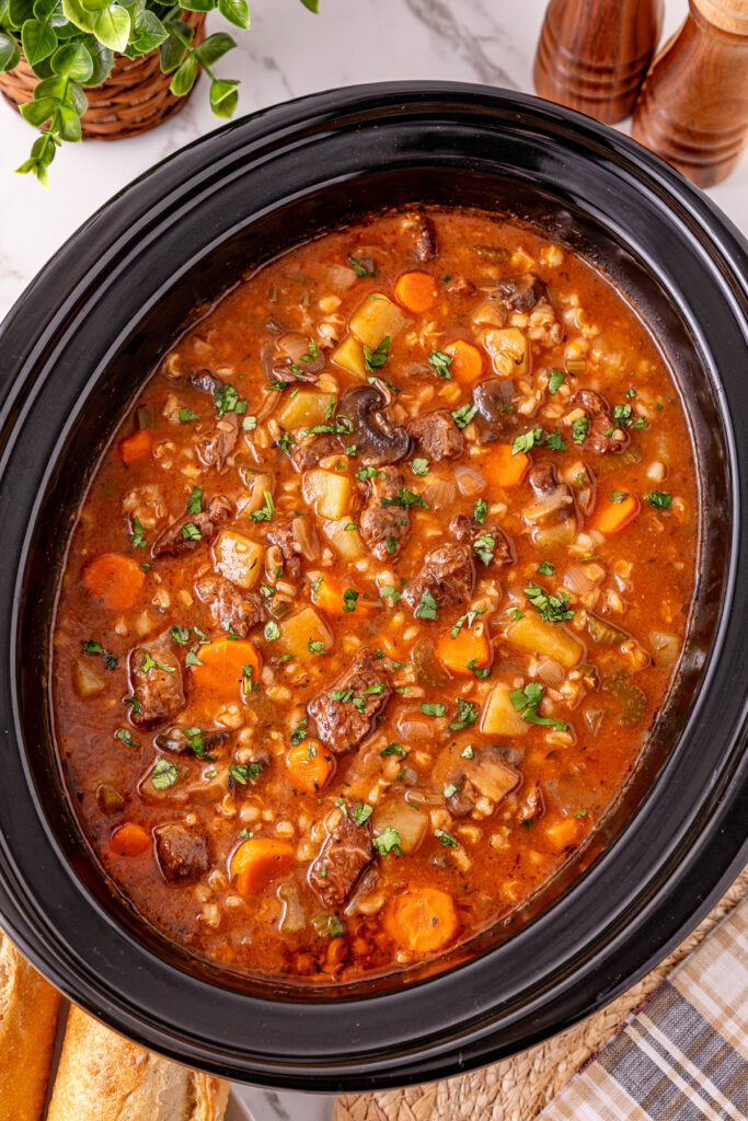 Beef barley soup in crockpot.