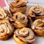 Puff pastry apple roses on a white plate.