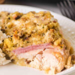 Chicken cordon bleu crockpot served on a plate.