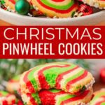 Christmas pinwheel cookies stacked on a holiday tray.
