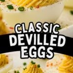 Devilled eggs served on a white plate.