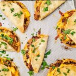 Crispy sheet pan tacos on sheet pan, ready to be served.