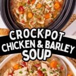 Crockpot chicken and barley soup in a bowl ready to eat.