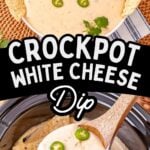 Photo collage with crockpot queso blanco served for a party.