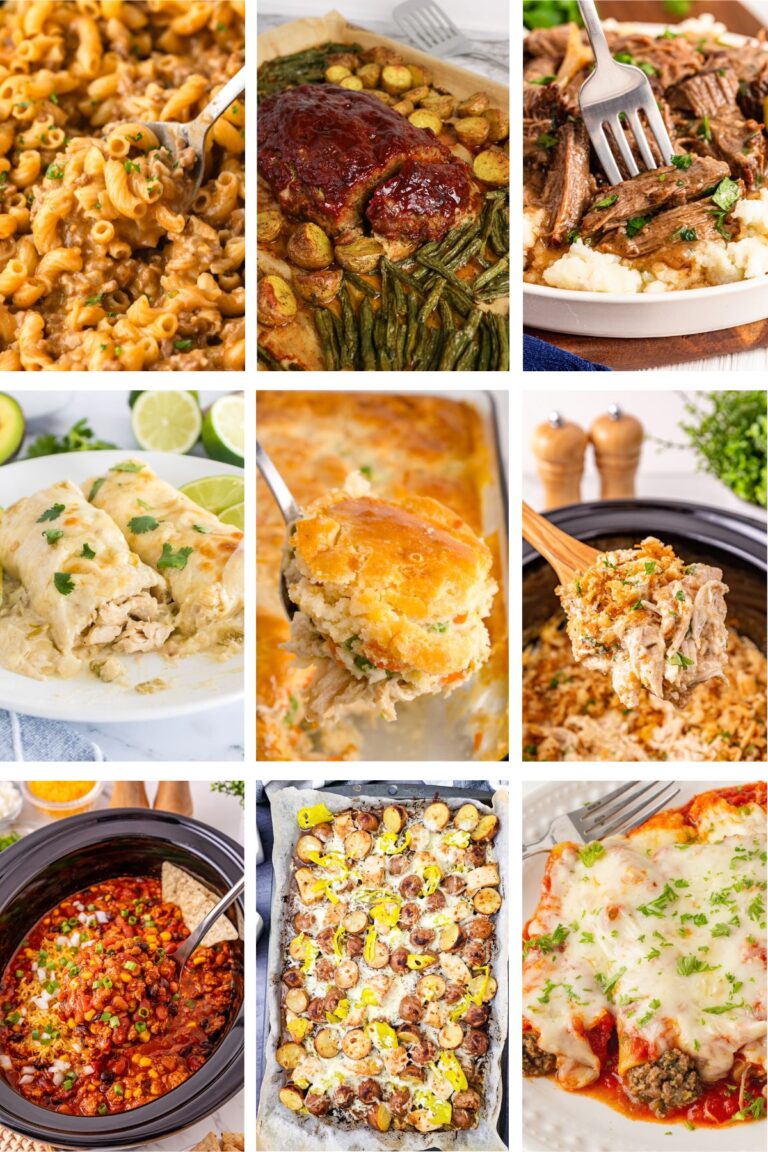 Photo collage with cozy fall dinner recipes.