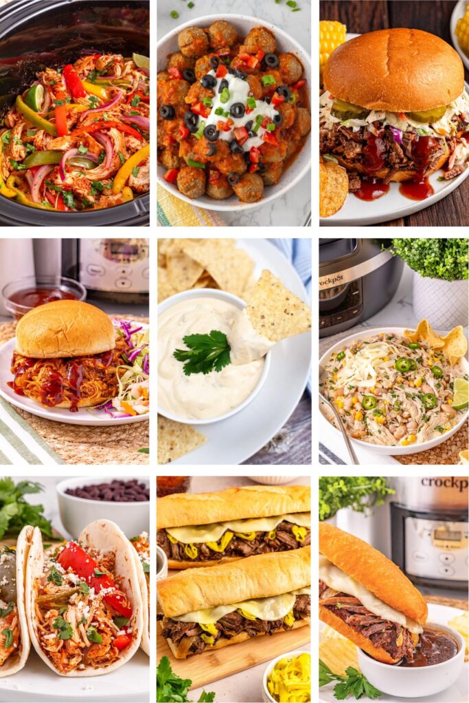 Slow cooker football food photo collage.