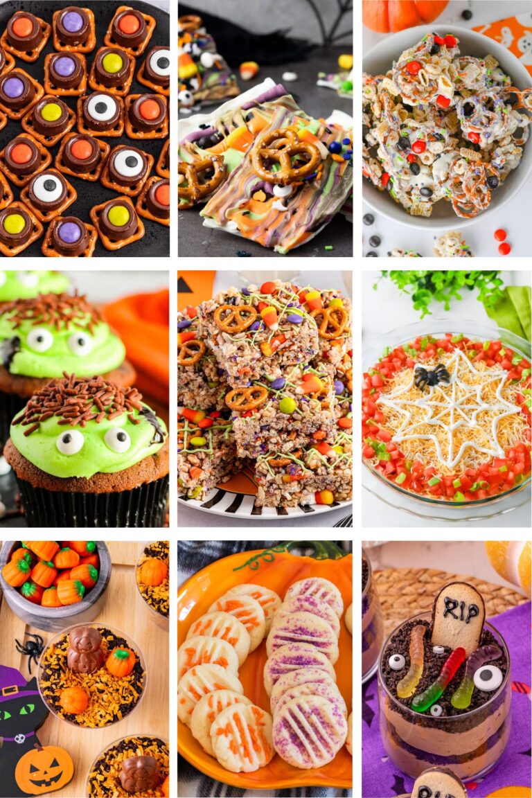 Photo collage with fun Halloween movie night snacks.