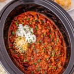 Crockpot chili with beans in slow cooker.