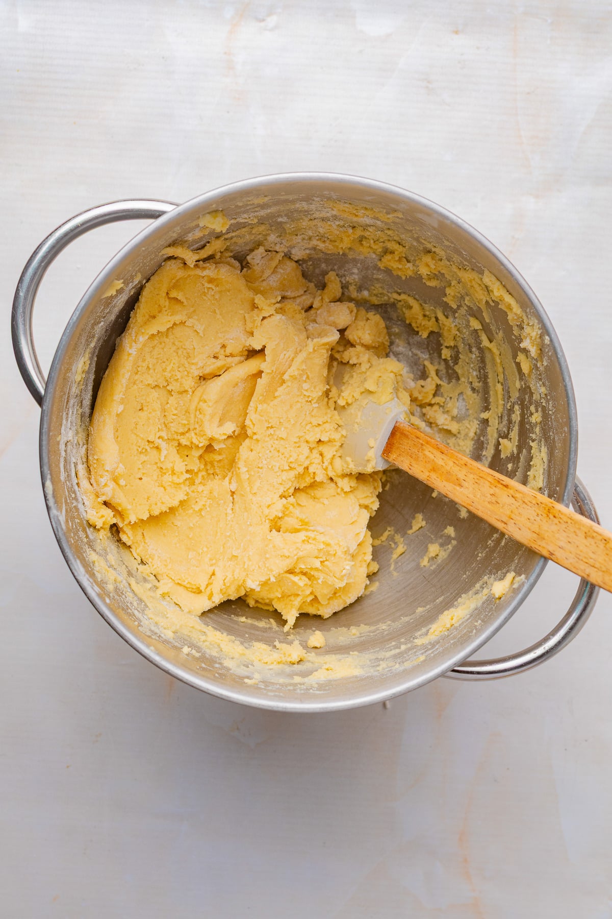 Plain cookie batter in mixing bowl.