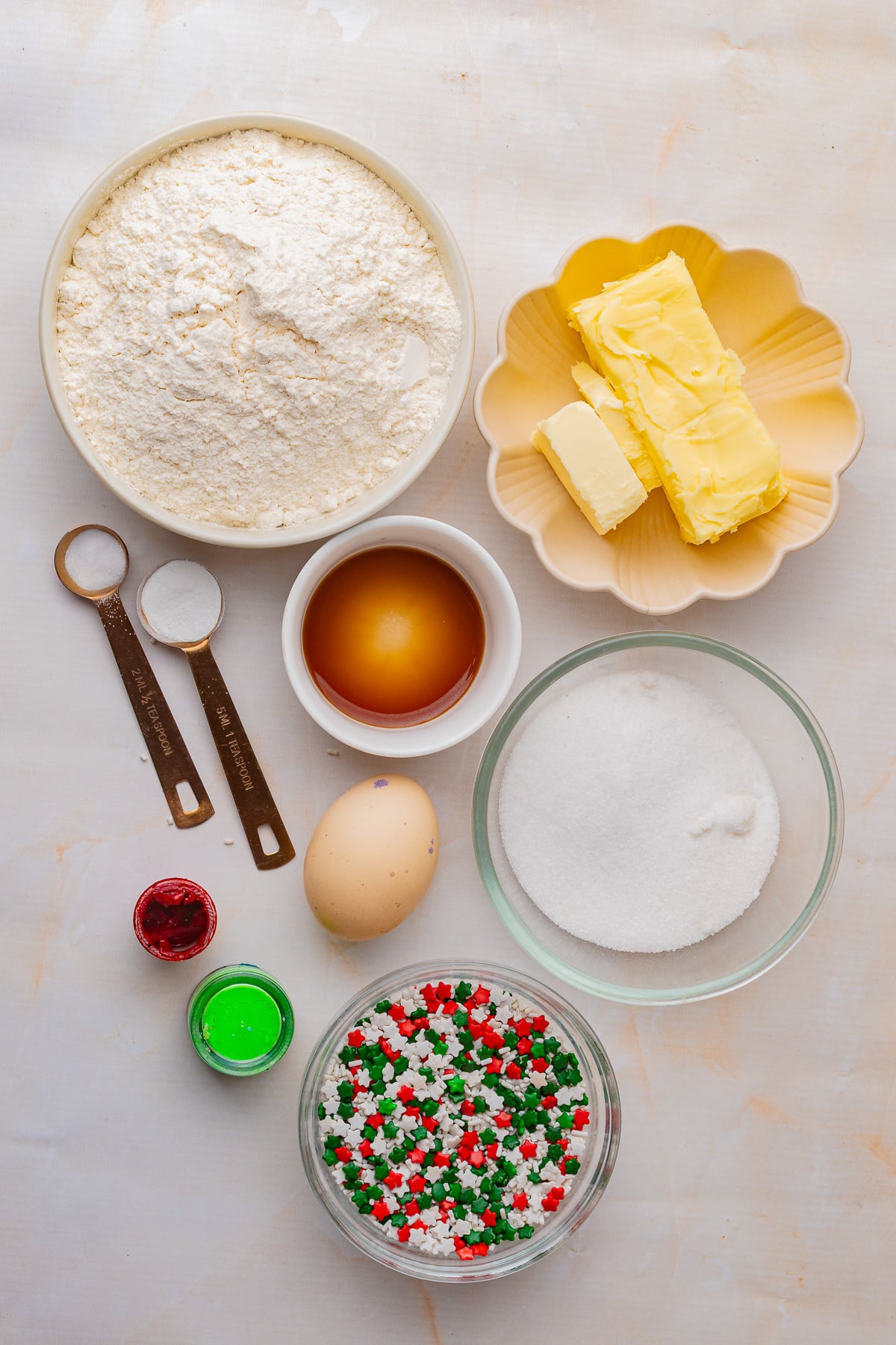 Ingredients for recipe laid out in small bowls on counter.