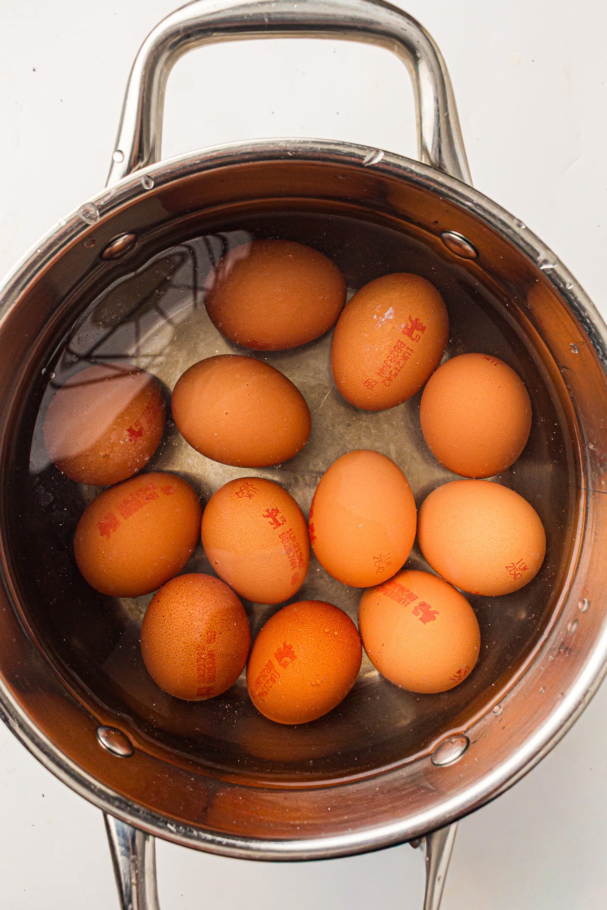Boiled eggs in saucepan.