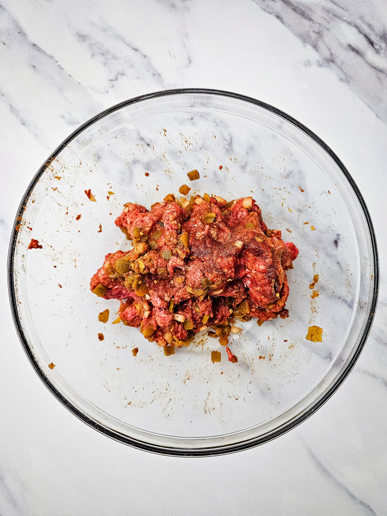 Ground beef mixture in bowl.
