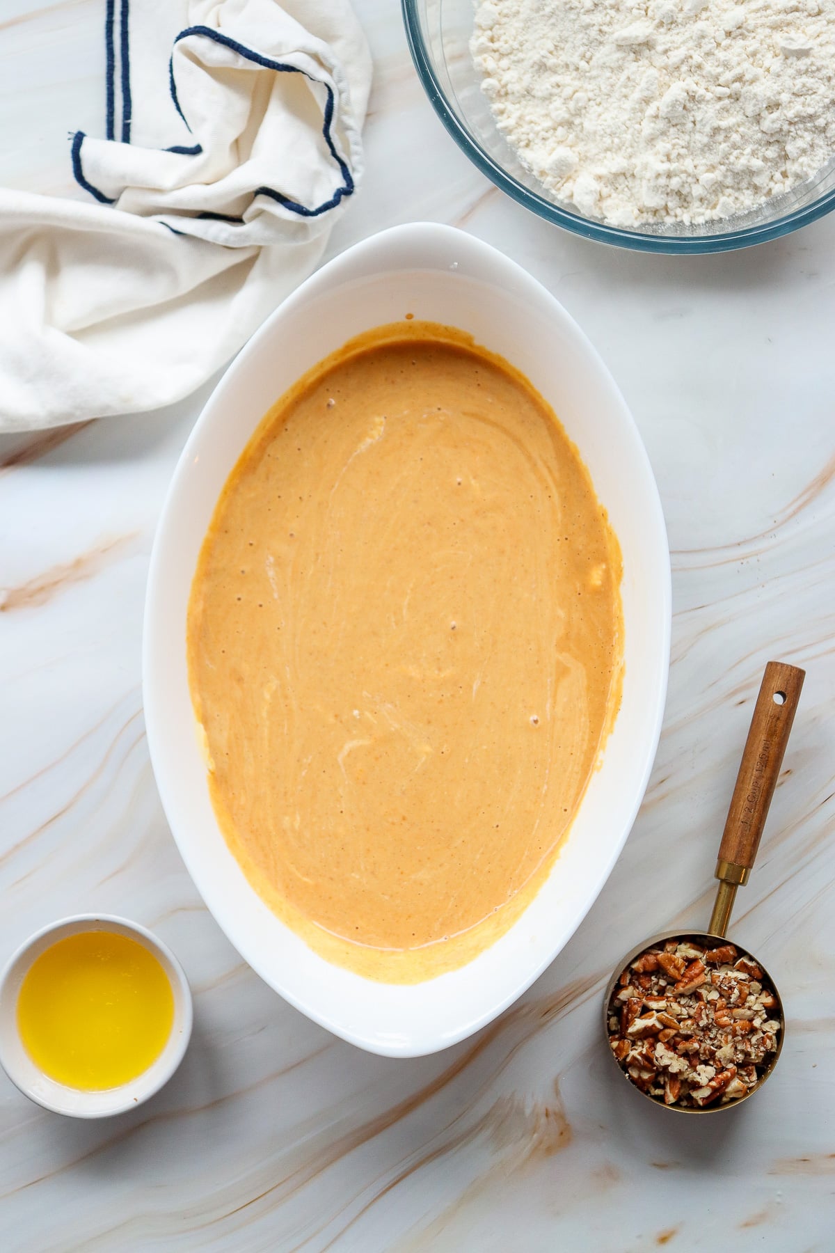 Pumpkin mixture in bottom of baking dish.
