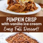 Pumpkin crispy with vanilla ice cream on a white plate.
