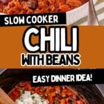 Photo collage with crockpot chili with beans.