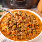 Crockpot shepher's pie soup in a white bowl.