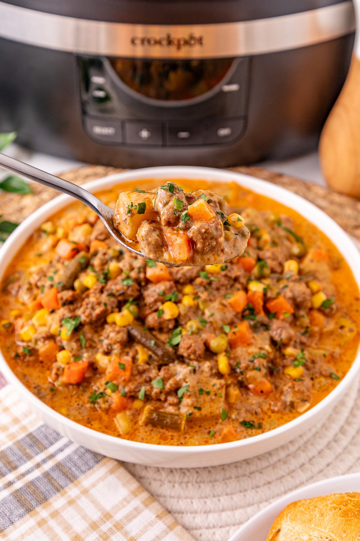 Crockpot shepher's pie soup in a white bowl.
