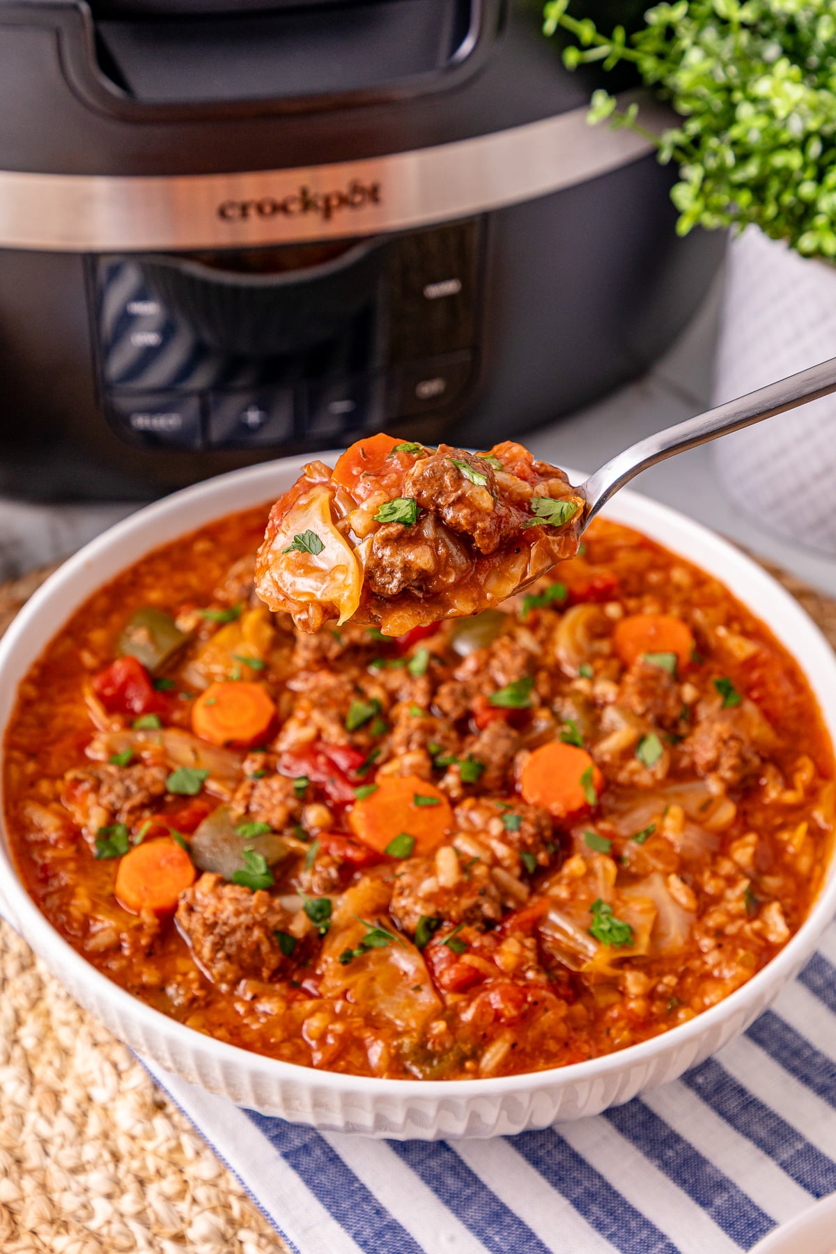 Crockpot cabbage soup in a white bowl.