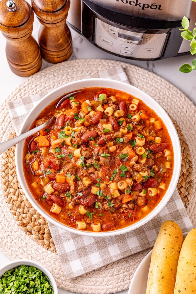 Pasta e fagiole soup in a white bowl.