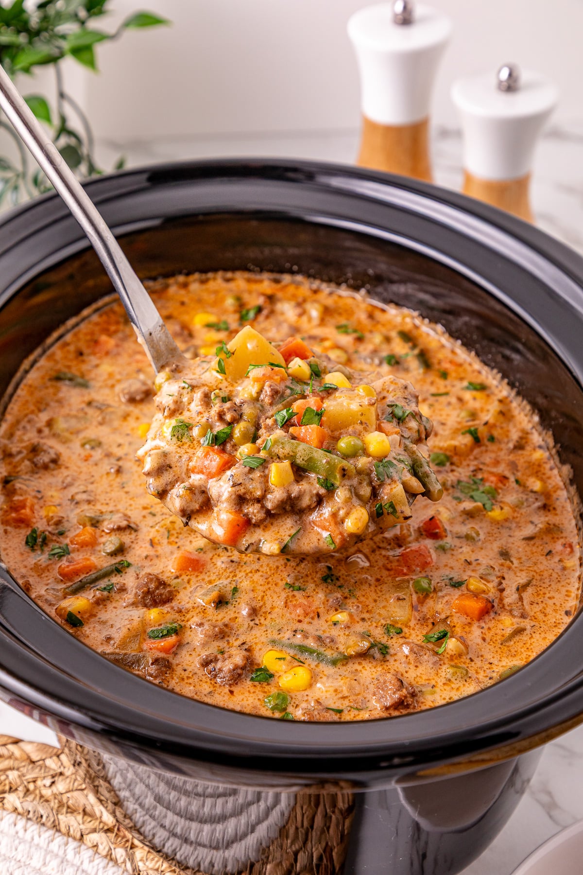 Shepherd's pie soup in crockpot.