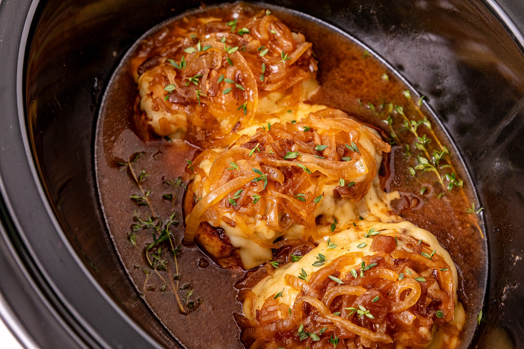 Finished dish of french onion chicken ready to be served.