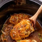 Crockpot french onion chicken in slow cooker ready to be served.